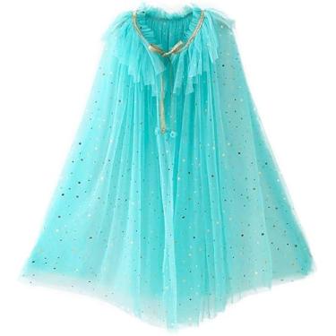 Imagem de Moslyn Vestido de capa para meninas, casaco combinando de princesa, casamento, festa de aniversário, Halloween, estrela, lantejoulas, capa de verão, fantasias para meninas, vestido infantil (grande, azul claro)
