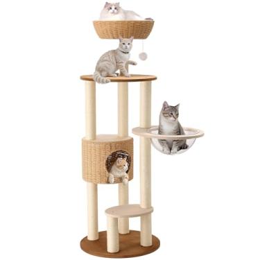 Imagem de Condomínio de torre de escalada para gatos de vime com poste para arranhar, cápsula, cesta e cama, árvore moderna para gatos resistentes para uso interno, grande