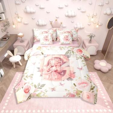 Imagem de Erosebridal Jogo de cama casal romântico floral de fada com 7 peças, fofo, letra G, para crianças, meninas, mulheres, princesa, borboleta, conjunto de cama