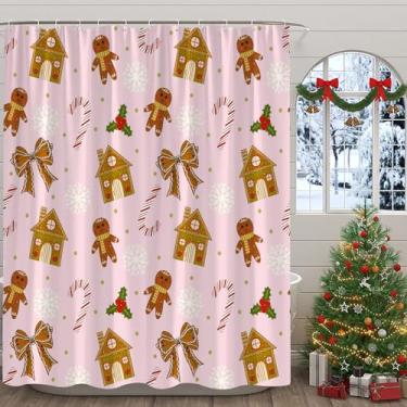 Imagem de GCTNBJL Cortina de chuveiro de Natal Natal Gingerbread Candy House Bow Floco de Neve Inverno Rosa Marrom Casa de Banho Cortina com Ganchos, 187 x 177 cm