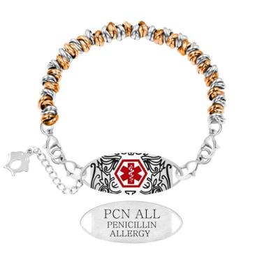 Imagem de Zircobic Pulseira de alerta médico leve e personalizável – Etiqueta de identificação médica gravada a laser, aço inoxidável hipoalergênico à prova d'água, opções de contas de três cores, unissex