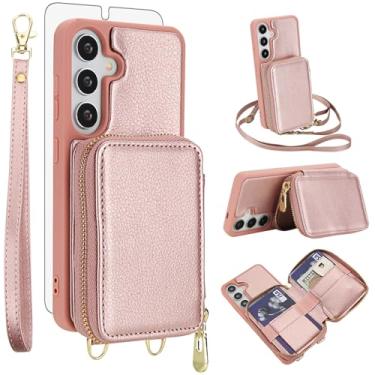 Imagem de Capa de celular para Samsung Galaxy A55 5G carteira de celular com protetor de tela de vidro temperado alça transversal de pulso suporte de cordão com bloqueio RFID para cartão de crédito A 55 55A