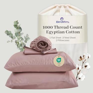 Imagem de Bedlifes Lençóis de algodão egípcio 1000 fios California King Size, 4 peças de bolso profundo de 40,6 cm - Roupa de cama ultramacia refrescante e respirável para conforto do hotel (rosa claro)