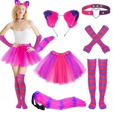 Imagem de Vermeyen Pink Purple Cat Costume Include Cat Ears Furry Tail Striped Socks Tutu Skirt for Halloween Cosplay Accessories