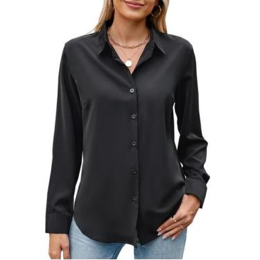 Imagem de Camisa feminina GlianTok de manga comprida com botões, chiffon preta
