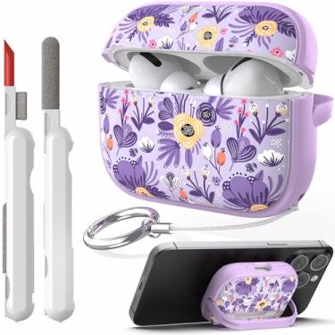 Imagem de TATOFY Capa com trava para Airpods Pro, capa rígida de flores para iPod Pro para mulheres e meninas com kit de limpeza de suporte de telefone (lavanda, AirPods Pro 2 e Pro)