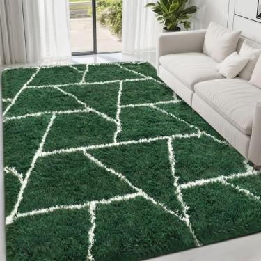 Imagem de FALARK Tapetes fofos para sala de estar, quarto, geométrico, moderno, 1,2 x 1,8 m, verde e branco, tapete de cabeceira macio de pelúcia felpudo para berçário, crianças, meninos, adolescentes