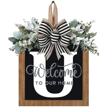 Imagem de Guirlanda de porta da frente com sobrenome de 35 cm, guirlanda de porta de boas-vindas com 26 letras para porta da frente externa, guirlanda de boas-vindas e eucalipto e laço adequado para todas as