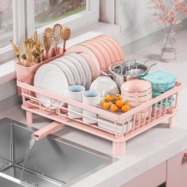 Imagem de Escorredor de pratos para balcão de cozinha, escorredor de aço inoxidável antiferrugem, sistema de drenagem inteligente com suporte de talheres destacável, ajudante de louça para lavar à mão para casa