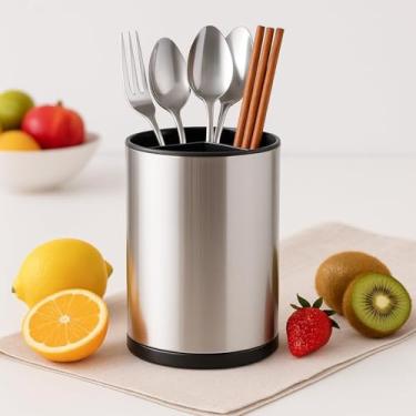 Imagem de Porta Utensílios Giratório 360° em Aço Inox – Organizador de Cozinha Compacto com Divisórias, Escorredor Multiuso para Facas, Colheres e Conchas 20,3x16cm