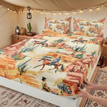 Imagem de Jogo de lençol infantil casal caubói ocidental, deserto de cacto, sudoeste do país, decoração de quarto de fazenda, boêmio, rústico, laranja, verde, 2 fronhas (não planas)