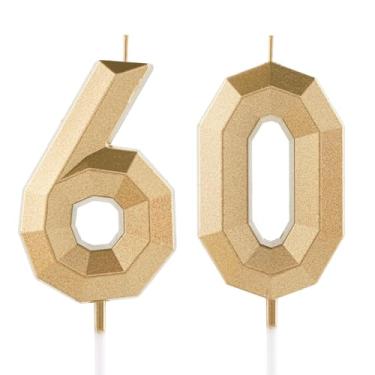 Imagem de Vela de aniversário de 60 anos, número dourado, 60 velas, design 3D, enfeite de bolo, decoração de feliz aniversário, para mulheres, homens, casamento, aniversário, celebrações, artigos de festa