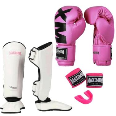 Imagem de Kit Luva de Boxe Feminina MXM Rosa + Caneleira Muay Thai Branco e Rosa + Bandagem 3m + Protetor Bucal - Maximum (LUVA 12oz + CANELEIRA G)
