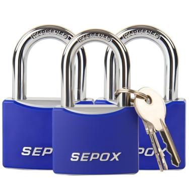 Imagem de SEPOX® 3 cadeados grandes de 50 mm 5 cm para ambientes externos para todos os climas, manilha longa, trava de aço sólido, resistente com capa azul, para armário de cerca de portão, caixa de