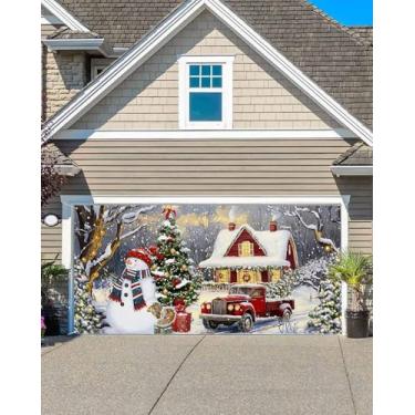 Imagem de Banner de decoração de porta de garagem de Natal, boneco de neve rústico, casa de fazenda, árvore de Natal, homens, mulheres, meninos, meninas, festa de aniversário, suprimentos de feriado, caminhão