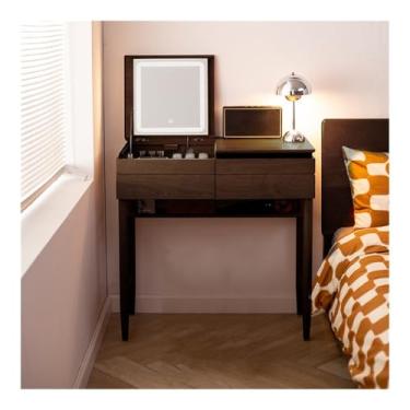 Imagem de Escrivaninha de penteadeira Vaidade de maquiagem com espelho flip-top 3 cores, penteadeira gavetas, mesa madeira para quarto(Brown)