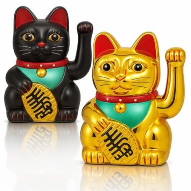 Imagem de Wovnet 2 peças de braço de gato da sorte de 12 cm Maneki Neko Lucky Fortune Cat Chinese Fengshui decoração acolhedora para escritório em casa, restaurante, loja, presentes, decoração operada a bateria