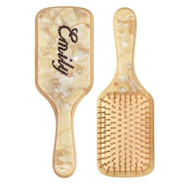 Imagem de Escova de cabelo personalizada com strass com nome - Escova de cabelo brilhante personalizada para mulheres e meninas, escova de madeira de bambu de mármore feita à mão para massagem do couro cabeludo