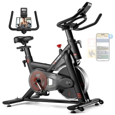 Imagem de Wenoker Bicicleta ergométrica, bicicleta ergométrica para casa, compatível com aplicativos, capacidade de 158 kg, assento ajustável confortável, display digital e suporte de almofada, passeio