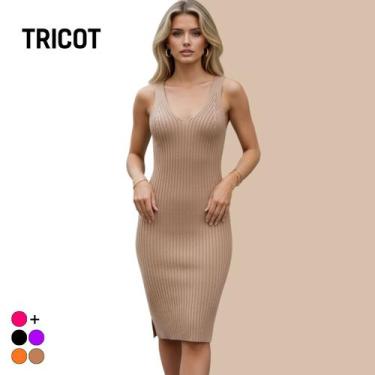 Imagem de Vestido Curto Tricot Alça Fenda Elastano - Vitrine Collection, Nude, U