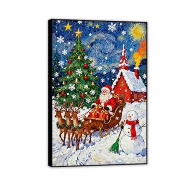 Imagem de SDYJ6GSW Pinturas em tela de Natal para decoração de casa Papai Noel alegre com boneco de neve no inverno arte de parede abstrata para sala de jantar decoração de cozinha 105 x 70 cm (41 x 28 pol