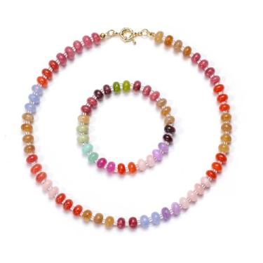 Imagem de AHLW Colar gargantilha com contas para mulheres, conjunto de pulseiras de colar de pedras preciosas coloridas boho feito à mão em tom natural acessórios de joias, Sem Pedra Preciosa