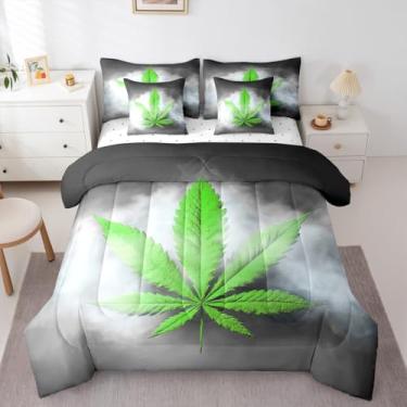 Imagem de Erosebridal Conjunto de edredom com folhas de cannabis, cama de folha de maconha em um saco, tamanho Queen, 7 peças, planta botânica, decoração de quarto, cinza, estilo grunge com lençóis