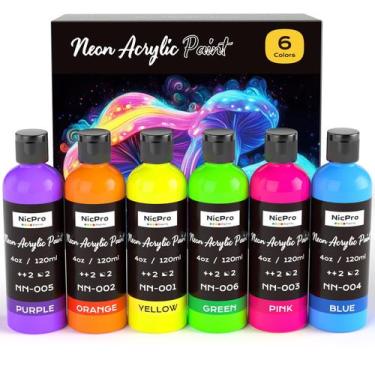 Imagem de Conjunto de tinta acrílica Nicpro 6 cores fluorescentes 120mL Black Li
