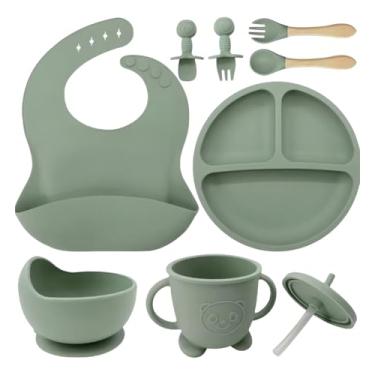 Imagem de Kit Introdução Alimentar Bebê 8 Peças Silicone Iniciação Para Alimentos Livre de BPA Atóxico Antibacteriano Seguro Sem Pontas Colher, garfo, copinho, pote e pratinho (verde)