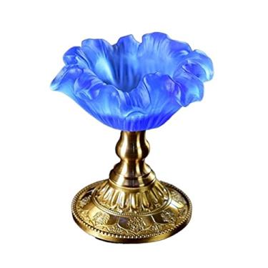 Imagem de Decoração de mesa castiçal criativo em forma de flor retrô vitrificado suporte de vela decoração de mesa base de cobre central decorativa (azul)