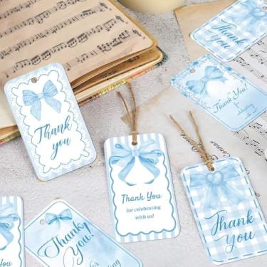 Imagem de 50 peças de etiquetas de presente de agradecimento com laço azul, etiquetas fofas de lembrancinha de festa com cordão para chá de bebê, aniversário, despedida de solteira, etiqueta de presente de