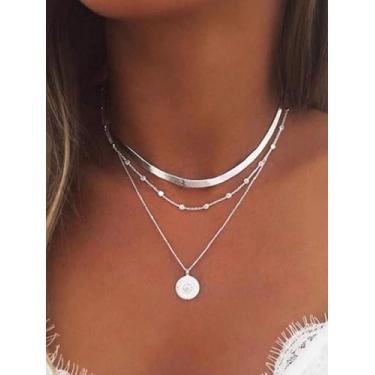 Imagem de Colar prateado com pingente de moeda multicamadas, corrente de cobra, gargantilha de metal, temperamento, festa de aniversário, joias modernas, presentes