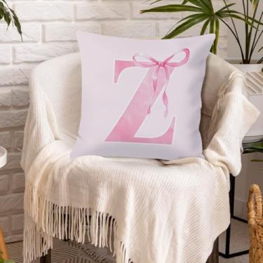Imagem de Capa de almofada Coquette moderna com laço rosa preppy inicial personalizada para meninas adolescentes presentes monograma fronha pautada para faculdade capa de almofada de poliéster para sofá, sala