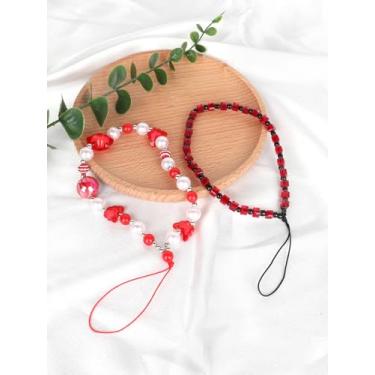 Imagem de 2 peças de berloques de telefone fofos para mulher cordão de telefone pérola corrente de telefone estrela para câmera, chaveiro, carteira - vermelho, standard, Plástico, Sem Pedra Preciosa