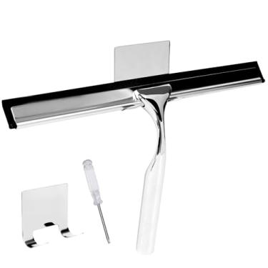 Imagem de Rodo de chuveiro de aço inoxidável de 25 cm para portas de vidro, com 1 gancho, 1 chave de fenda, ferramenta de banheiro, rodo de espelho de janela doméstica, para parede de azulejos, carro, prata