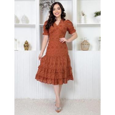 Imagem de Vestido Midi Lese Bordado Festa Madrinha com Manga Curta Sofisticado -