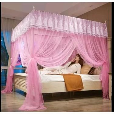 Imagem de Mosquiteiro Palácio Completo com Armação – Anti Mosquito Luxuoso para Cama Casal/Box/Queen – Renda Volta ao Mundo Importada, Alta Qualidade e Design Romântico(Rosa)