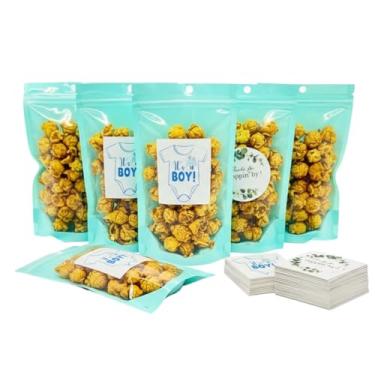 Imagem de 50 sacos de pipoca resseláveis para chá de bebê com 50 sacos de pipoca grátis Obrigado por aparecer, 50 adesivos prontos para estourar para lembrancinhas de festa, lanches (azul claro)