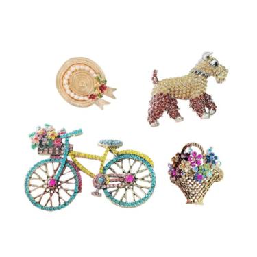 Imagem de Conjunto de broches femininos retrô de strass vintage estilo country conjunto de broche com bicicleta, chapéu, cesta, animal (filhote), guarda-chuva, câmera retrô, colorido, engraçado, acessórios de