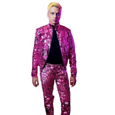 Imagem de Earthradius Casaco espelhado, lantejoulas, elástico, balada, bar, palco, roupas modernas de carnaval (rosa, G, casaco)