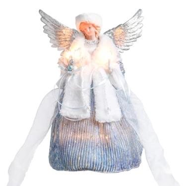 Imagem de Ovewios Enfeite de árvore de Natal de anjo com luzes, decoração de topo de árvore de Natal de anjo iluminado de 30,5 cm, enfeite de estatueta de anjo de tecido azul luxuoso para decoração de festa de