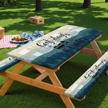Imagem de Capa de mesa de piquenique com bordas elásticas, verde azul acampamento floresta camper capa de mesa com elástico essencial para acampamento ao ar livre 96 polegadas 3 peças, toalha de mesa