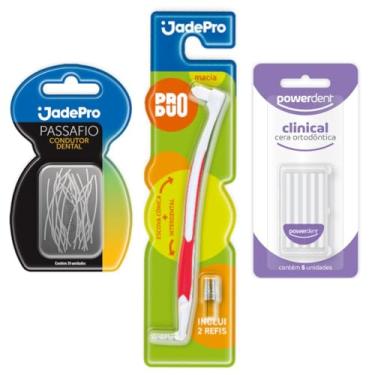 Imagem de Kit Ortodôntico Escova Interdental Cônica Macia + Passa Fio + Cera Ortodôntica