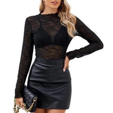 Imagem de Camiseta feminina Ohhettm de malha com gola simulada, manga comprida, 