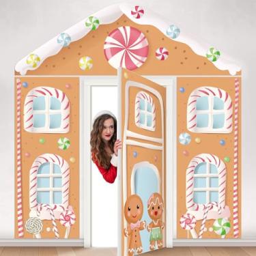 Imagem de Hillsuren 4 peças de decoração de porta de casa de pão de gengibre rosa pastel para casa de pão de gengibre de Natal capa de porta de doces pano de fundo banner de pendurar para férias, sala de aula