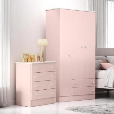 Imagem de Conjunto Infantil Doce Sonho Rosa Acetinado Cômoda 4 Gavetas Doce Sonho + Guarda-roupa Doce Sonho 3 Portas