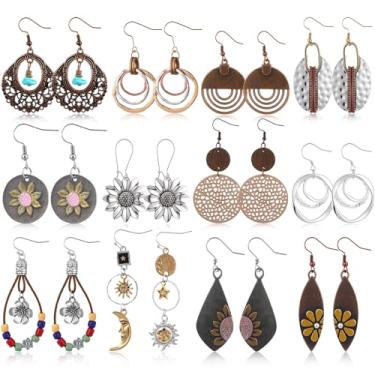 Imagem de Nosiny Conjunto de 12 pares de brincos vintage boho para mulheres, estilo étnico, brincos redondos com pingente de gota, retrô, boêmio, lágrima, sol e lua, joias de prata de madeira para presente de