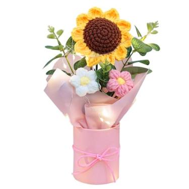 Imagem de PartyforU Buquê de flores de crochê de girassol – Flores de laranja tricotadas feitas à mão com balde para presente de aniversário, mãe, amiga, buquê de flores de crochê com luzes para decoração de