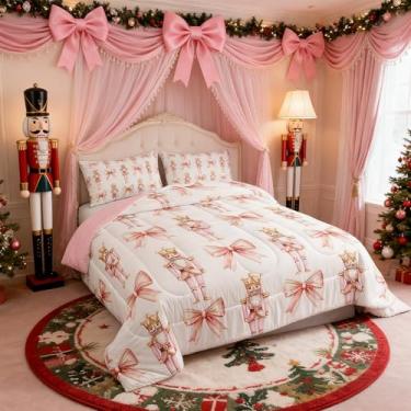 Imagem de Conjunto de edredom infantil com desenho animado quebra-nozes, laço rosa, princesa romântica, decoração de quarto de meninas e mulheres, edredom de balé, feliz Natal, edredom sonhador, 2 fronhas