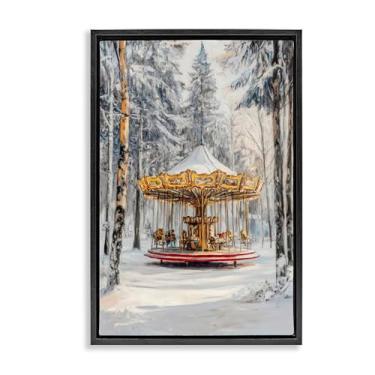 Imagem de Stupell Industries Arte de parede em tela flutuante com moldura preta Carrossel Winter Wonderland, design por Petal Prints Design, 78 x 53 cm